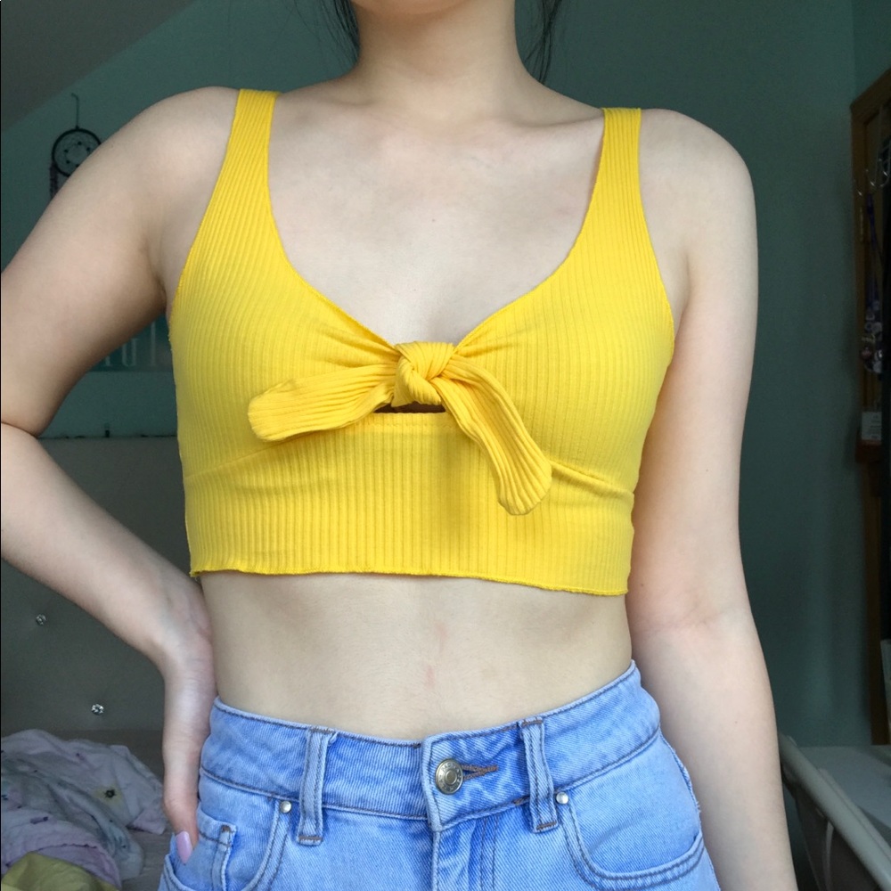 Yellow front tie crop top